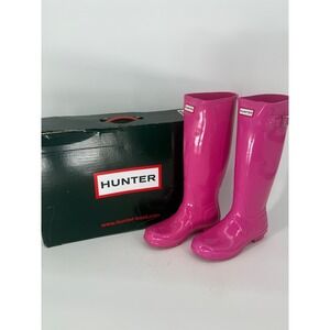 Hunter Original Tall Gloss Rain Boots Women 8 Lipstick Pink Rubber Discontinued